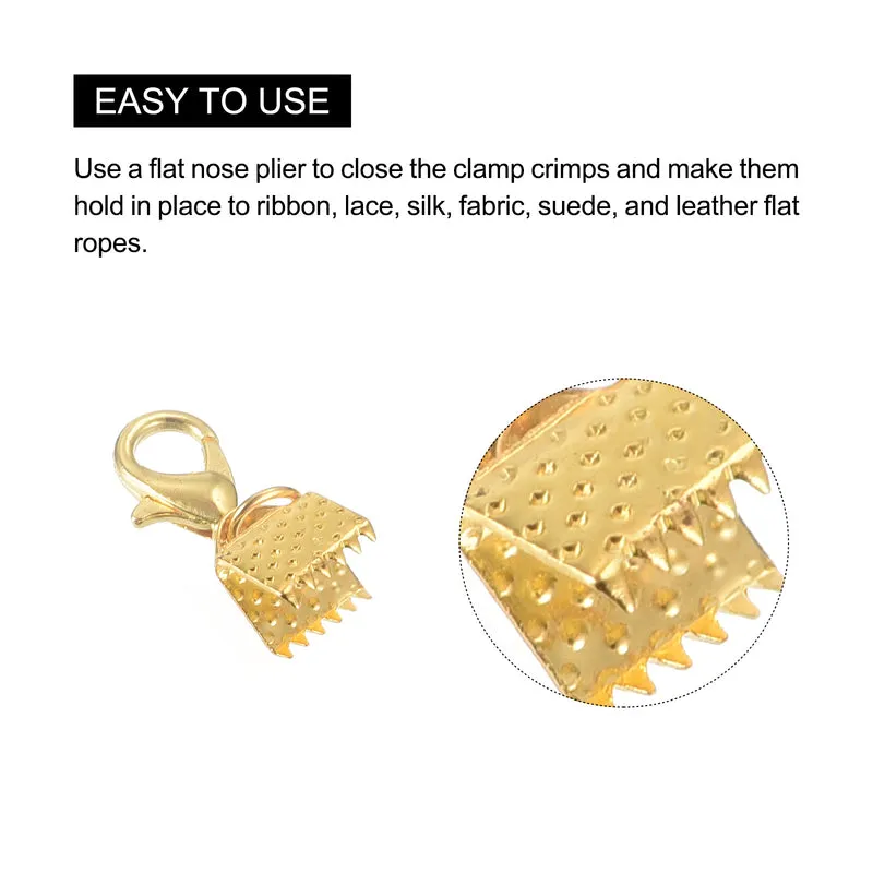 20Sets Ribbon Crimp Clamp Ends with Lobster Claw Clasps & Extension Chain, 6mm Cord End Clasps for DIY Craft Making, Gold Tone
