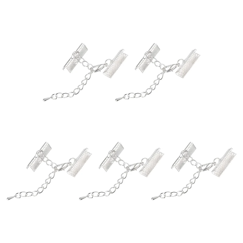 20Sets Ribbon Crimp Clamp Ends with Lobster Claw Clasps & Extension Chain, 20mm Cord End Clasps for DIY Craft Making, Silver White