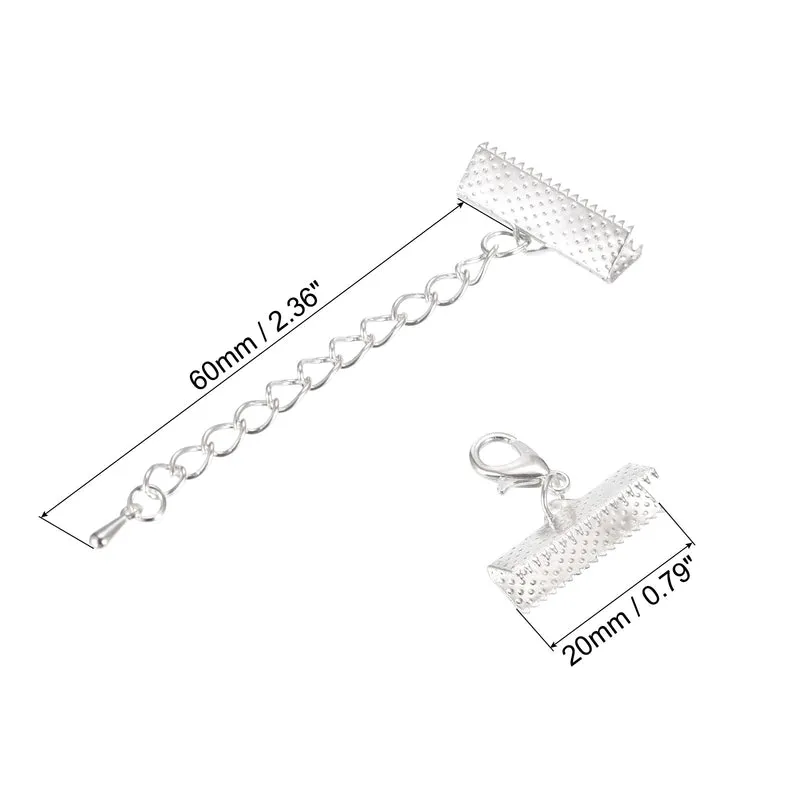 20Sets Ribbon Crimp Clamp Ends with Lobster Claw Clasps & Extension Chain, 20mm Cord End Clasps for DIY Craft Making, Silver White