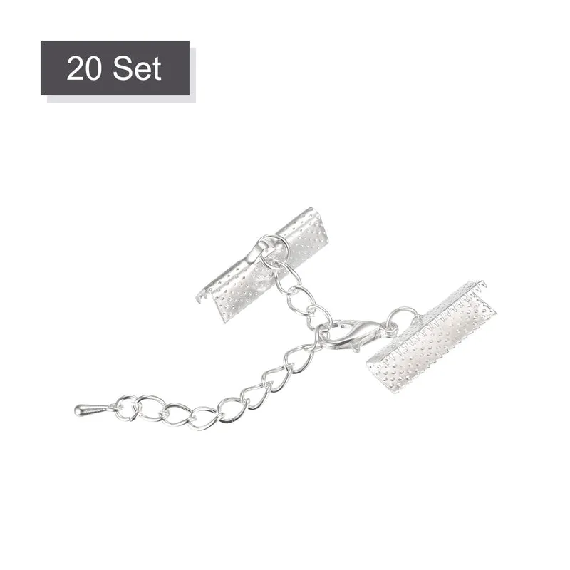 20Sets Ribbon Crimp Clamp Ends with Lobster Claw Clasps & Extension Chain, 20mm Cord End Clasps for DIY Craft Making, Silver White