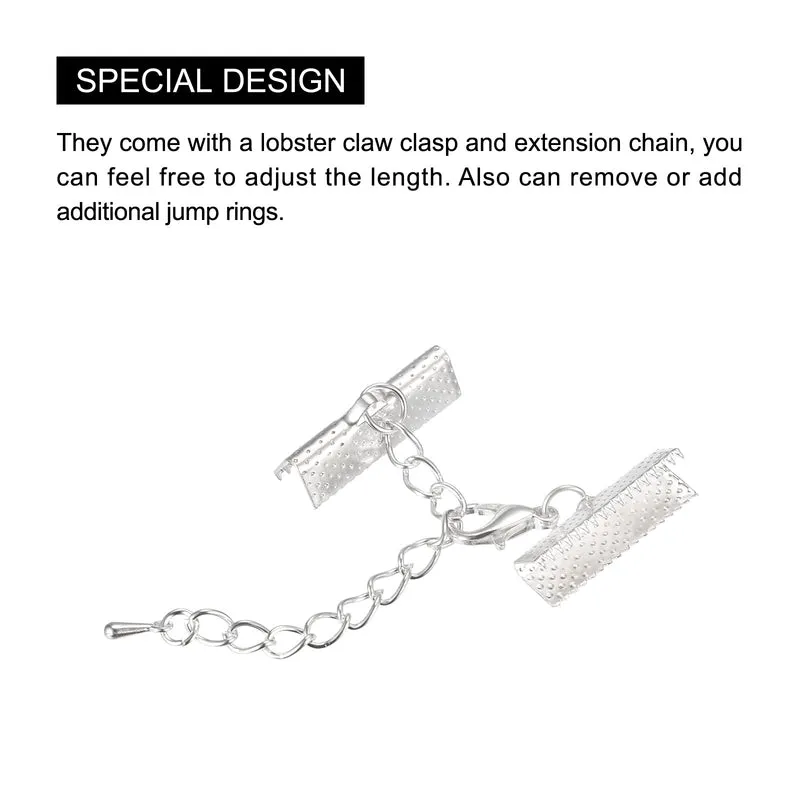 20Sets Ribbon Crimp Clamp Ends with Lobster Claw Clasps & Extension Chain, 20mm Cord End Clasps for DIY Craft Making, Silver White