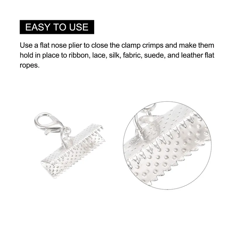 20Sets Ribbon Crimp Clamp Ends with Lobster Claw Clasps & Extension Chain, 20mm Cord End Clasps for DIY Craft Making, Silver White