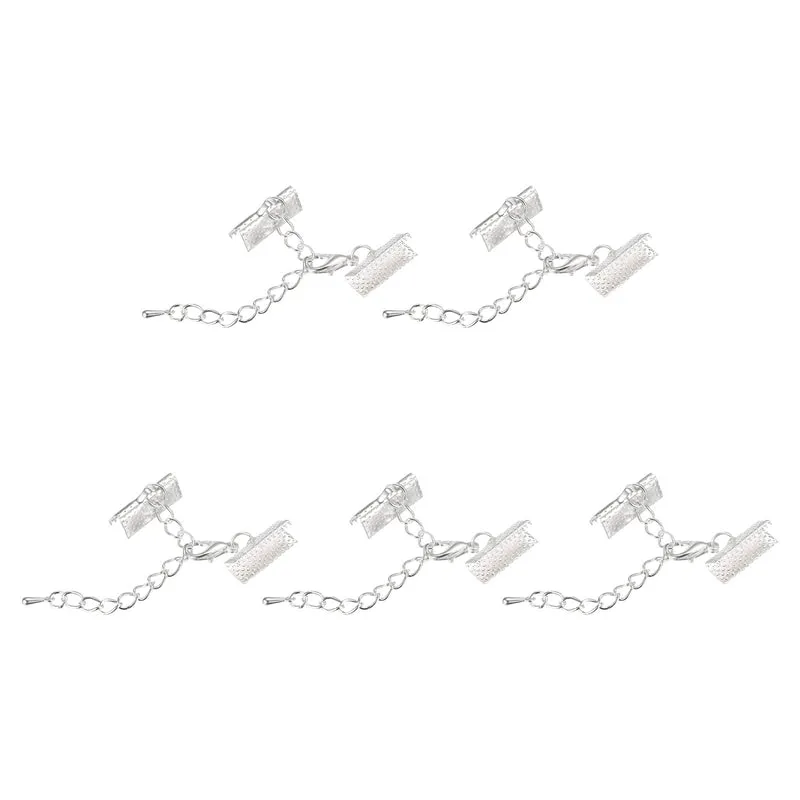 20Sets Ribbon Crimp Clamp Ends with Lobster Claw Clasps & Extension Chain, 16mm Cord End Clasps for DIY Craft Making, Silver White