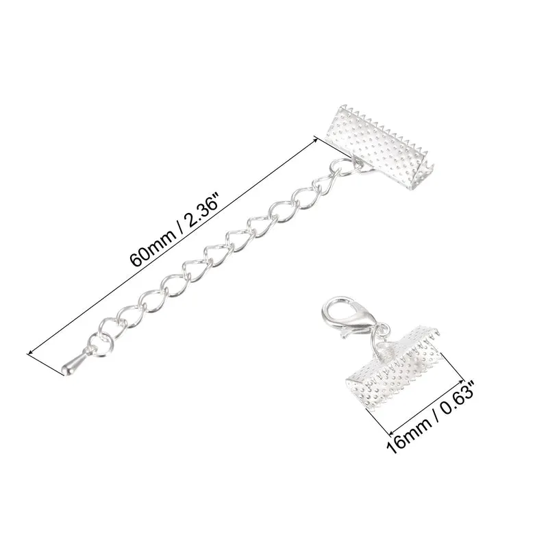 20Sets Ribbon Crimp Clamp Ends with Lobster Claw Clasps & Extension Chain, 16mm Cord End Clasps for DIY Craft Making, Silver White