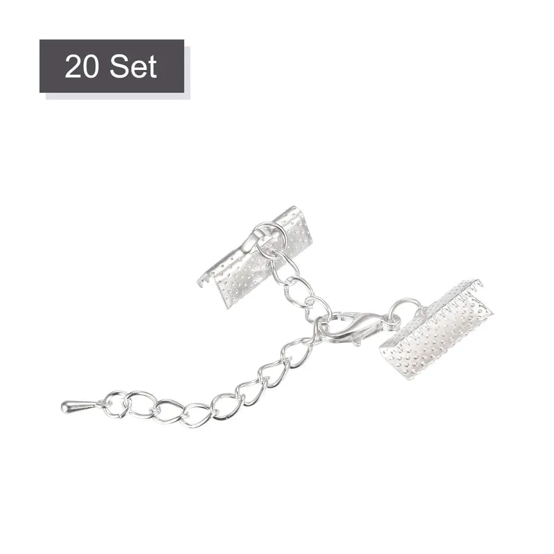 20Sets Ribbon Crimp Clamp Ends with Lobster Claw Clasps & Extension Chain, 16mm Cord End Clasps for DIY Craft Making, Silver White