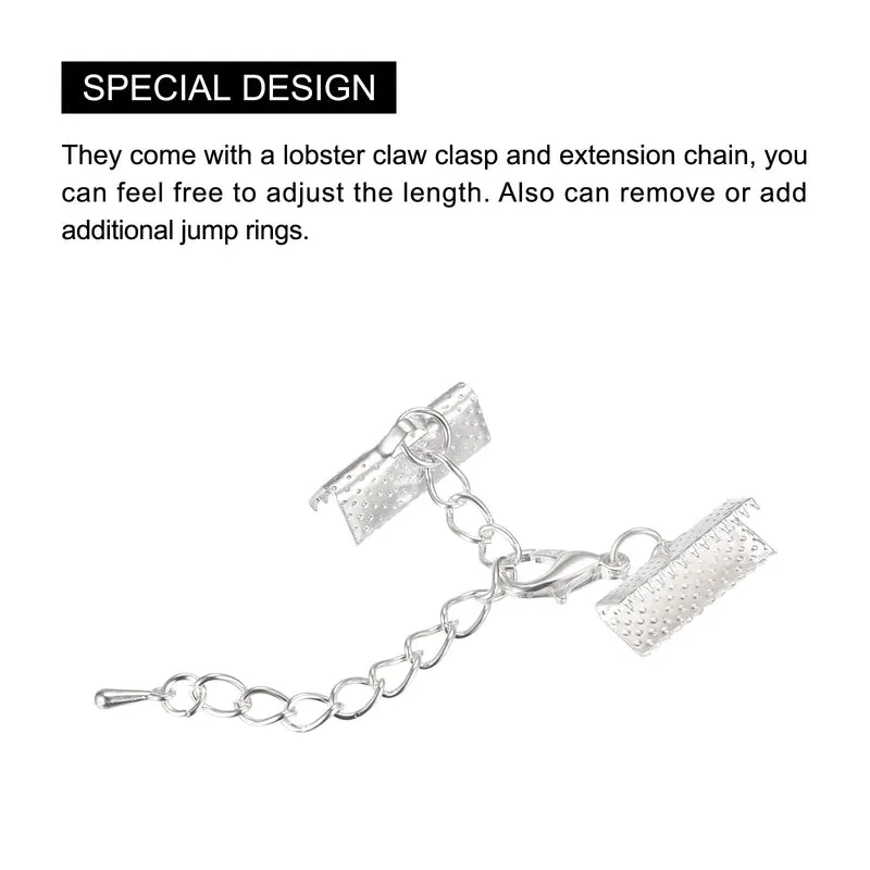 20Sets Ribbon Crimp Clamp Ends with Lobster Claw Clasps & Extension Chain, 16mm Cord End Clasps for DIY Craft Making, Silver White