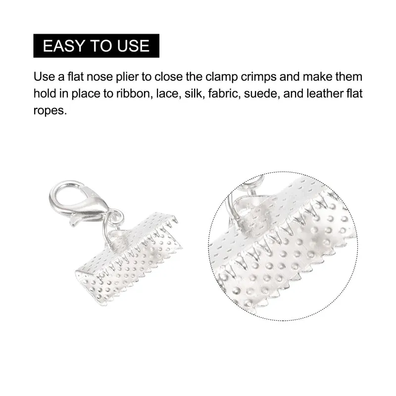 20Sets Ribbon Crimp Clamp Ends with Lobster Claw Clasps & Extension Chain, 16mm Cord End Clasps for DIY Craft Making, Silver White