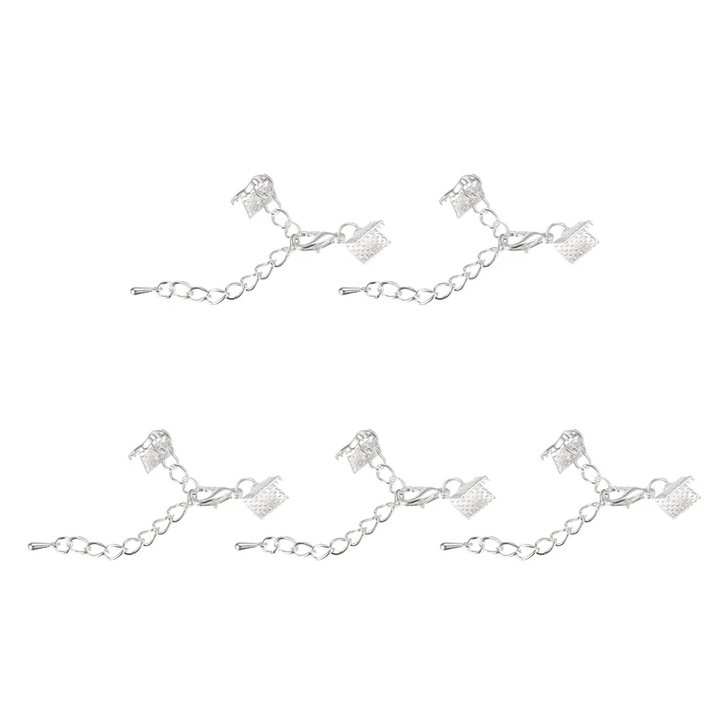 20Sets Ribbon Crimp Clamp Ends with Lobster Claw Clasps & Extension Chain, 8mm Cord End Clasps for DIY Craft Making, Silver White