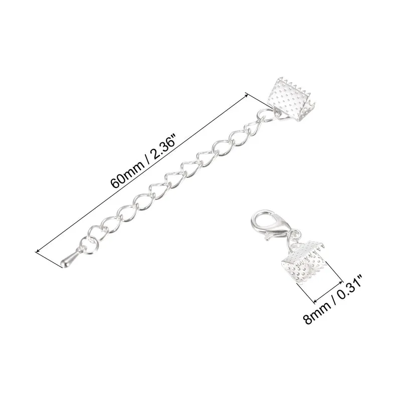 20Sets Ribbon Crimp Clamp Ends with Lobster Claw Clasps & Extension Chain, 8mm Cord End Clasps for DIY Craft Making, Silver White
