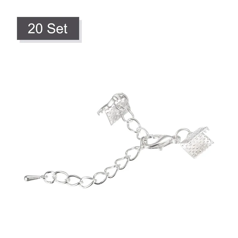 20Sets Ribbon Crimp Clamp Ends with Lobster Claw Clasps & Extension Chain, 8mm Cord End Clasps for DIY Craft Making, Silver White