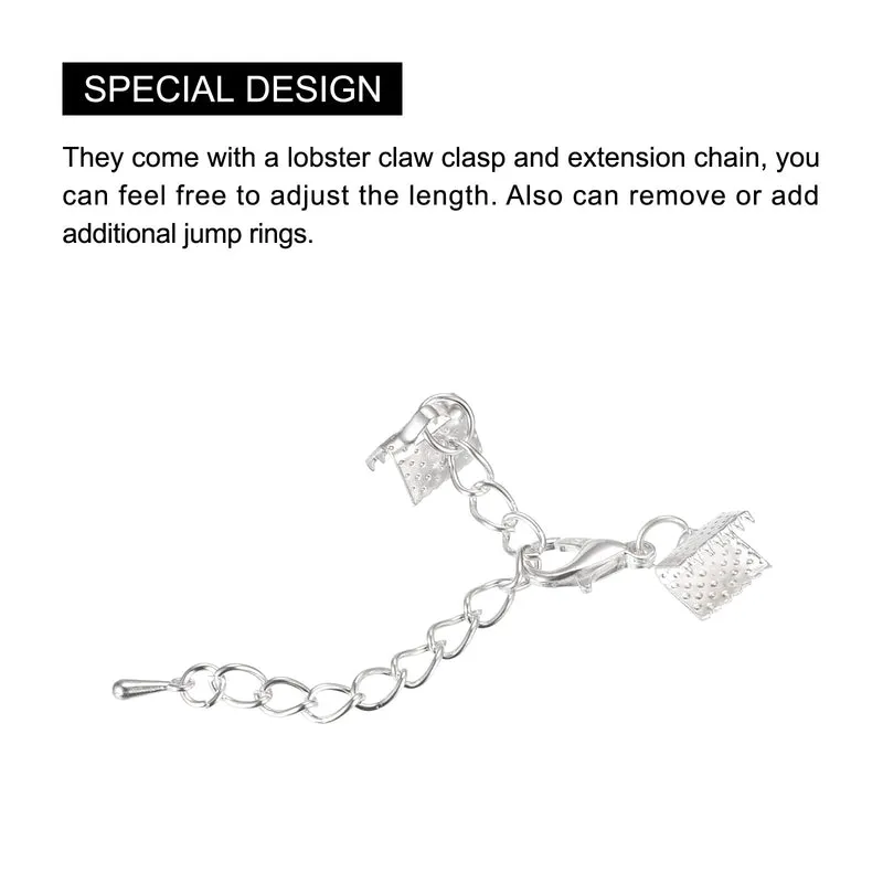 20Sets Ribbon Crimp Clamp Ends with Lobster Claw Clasps & Extension Chain, 8mm Cord End Clasps for DIY Craft Making, Silver White