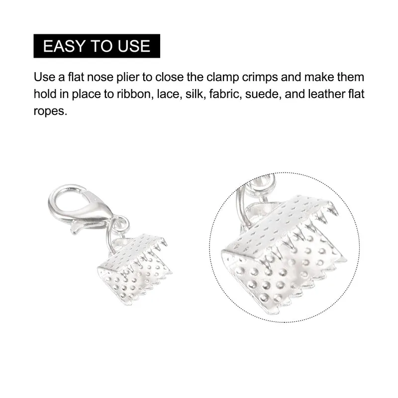 20Sets Ribbon Crimp Clamp Ends with Lobster Claw Clasps & Extension Chain, 8mm Cord End Clasps for DIY Craft Making, Silver White