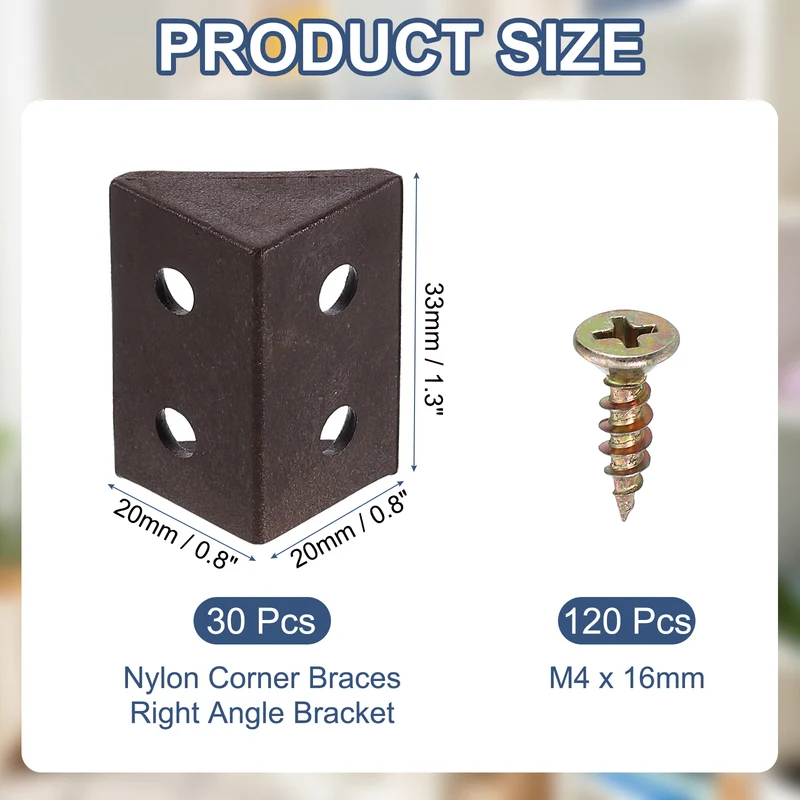 30Pcs 1.3"x0.8"x0.8" Plastic Corner Braces L-Shape Shelf Support Brace Brown