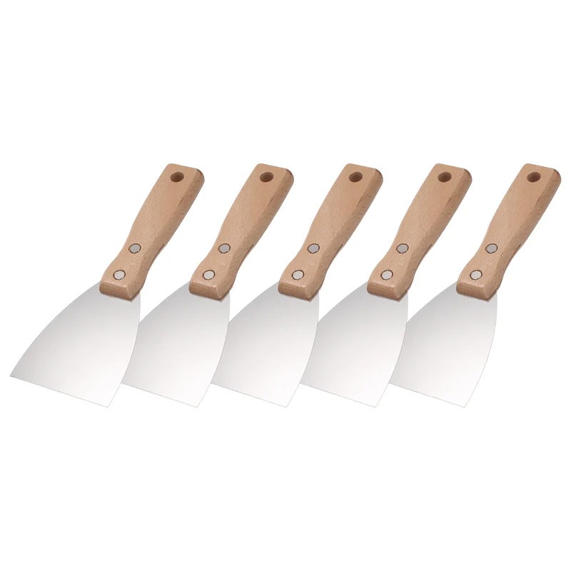 5Pcs 3" Putty Knife Wooden Handle Stainless Steel Taping Knife, Wood(75mm)