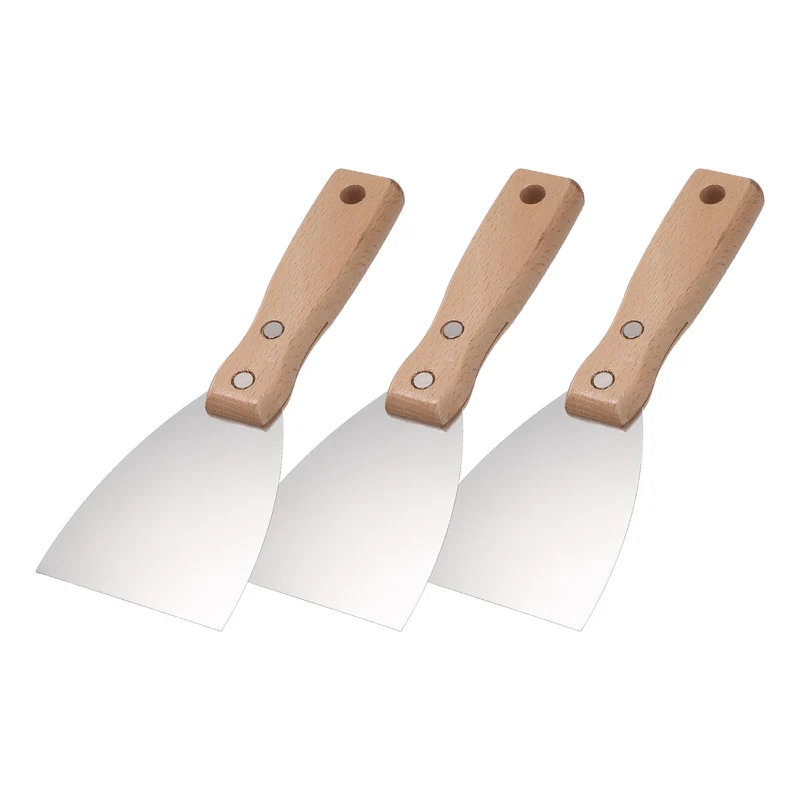 3Pcs 3" Putty Knife Wooden Handle Stainless Steel Taping Knife, Wood(75mm)