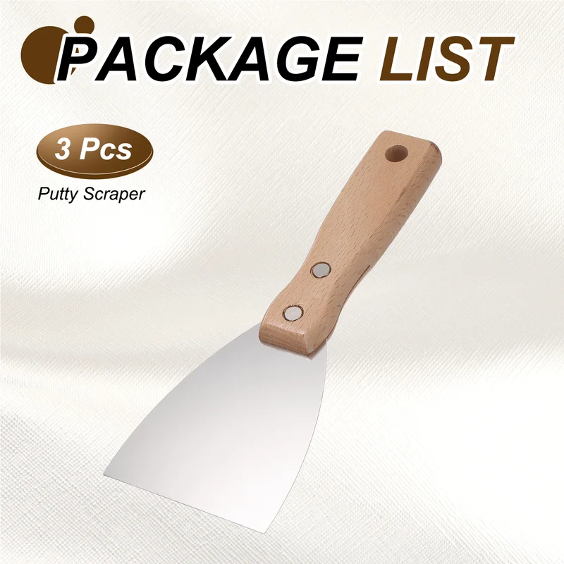 3Pcs 3" Putty Knife Wooden Handle Stainless Steel Taping Knife, Wood(75mm)