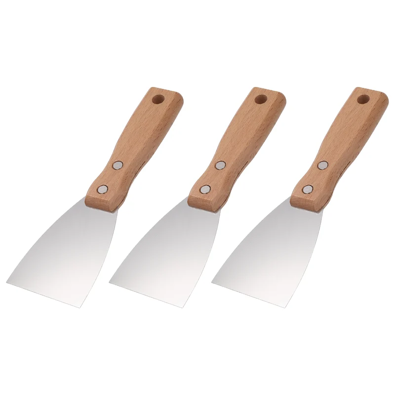 3Pcs 2" Putty Knife Wooden Handle Stainless Steel Taping Knife, Wood(63mm)