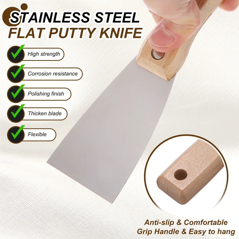 3Pcs 2" Putty Knife Wooden Handle Stainless Steel Taping Knife, Wood(63mm)