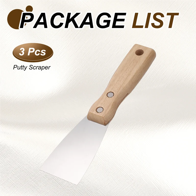 3Pcs 2" Putty Knife Wooden Handle Stainless Steel Taping Knife, Wood(50mm)