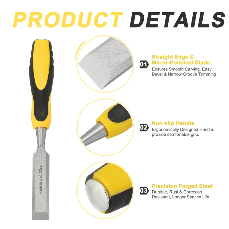 7/8" Steel Wood Chisel Blade Wood Working Flat Chisel with Handle Yellow