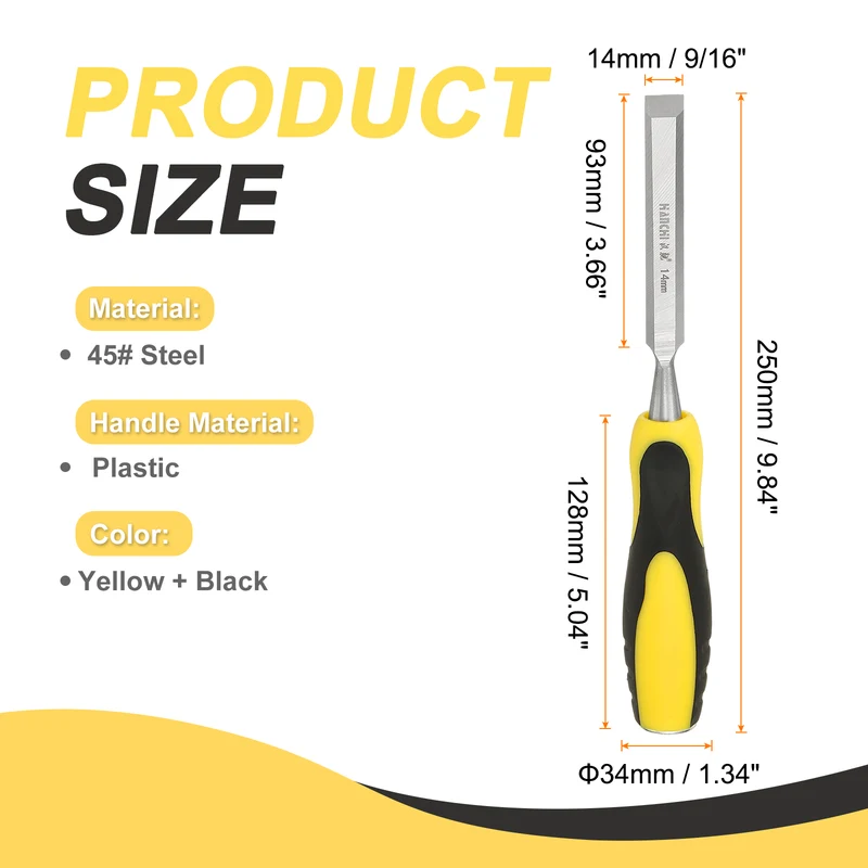 9/16" Steel Wood Chisel Blade Wood Working Flat Chisel with Handle Yellow