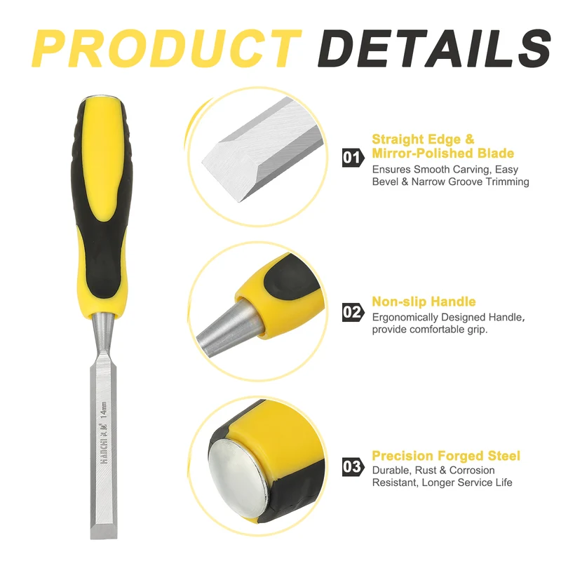 9/16" Steel Wood Chisel Blade Wood Working Flat Chisel with Handle Yellow