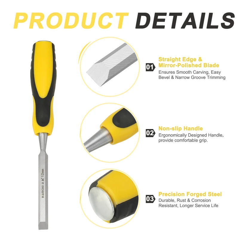 1/2" Steel Wood Chisel Blade Wood Working Flat Chisel with Handle Yellow