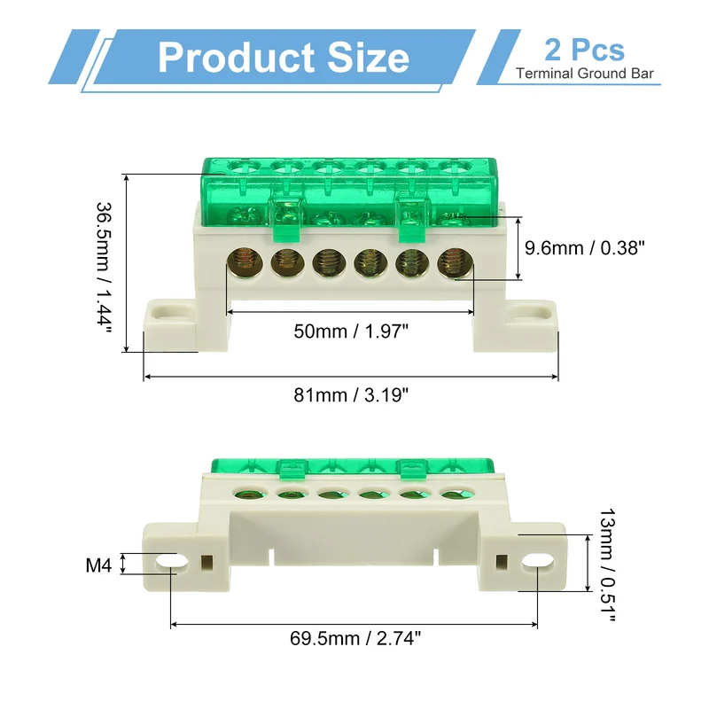 2Pcs Terminal Ground Bar, 6 Positions 7x11mm Ground Block for Electrical, Green