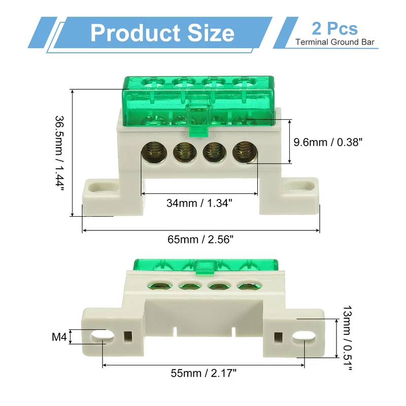 2Pcs Terminal Ground Bar, 4 Positions 7x11mm Ground Block for Electrical, Green