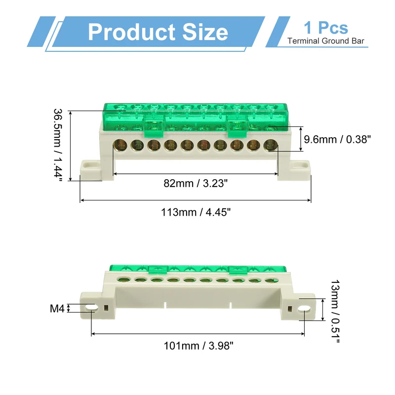 Terminal Ground Bar, 10 Positions 7x11mm Ground Block for Electrical, Green