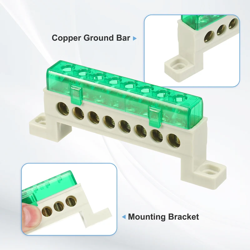 Terminal Ground Bar, 8 Positions 7x11mm Ground Block for Electrical, Green