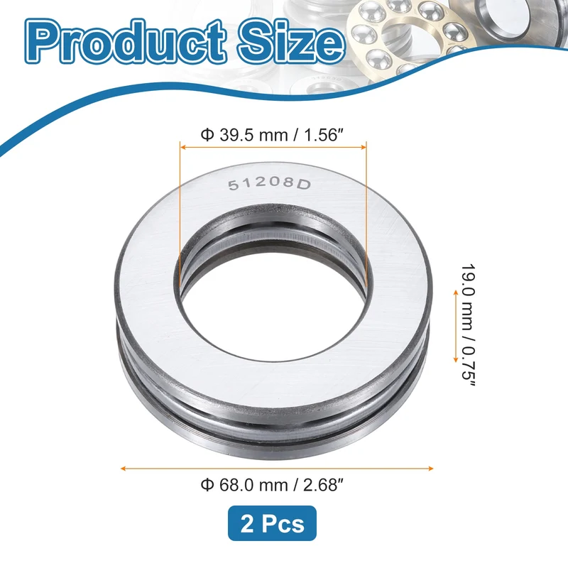 51208D Thrust Ball Bearing, Axial Ball Bearing 39.5x68x19mm 2Pcs