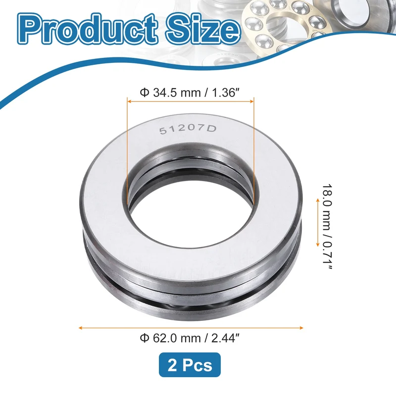 51207D Thrust Ball Bearing, Axial Ball Bearing 34.5x62x18mm 2Pcs