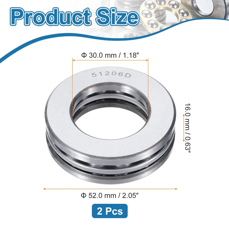 51206D Thrust Ball Bearing, Axial Ball Bearing 30x52x16mm 2Pcs