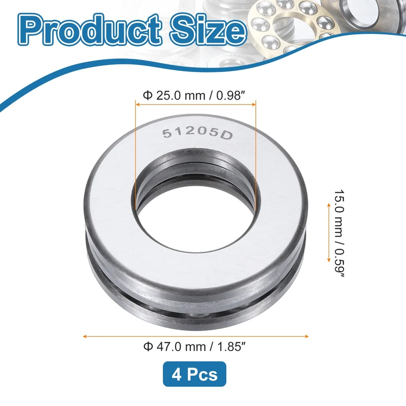 51205D Thrust Ball Bearing, Axial Ball Bearing 25x47x15mm 4Pcs