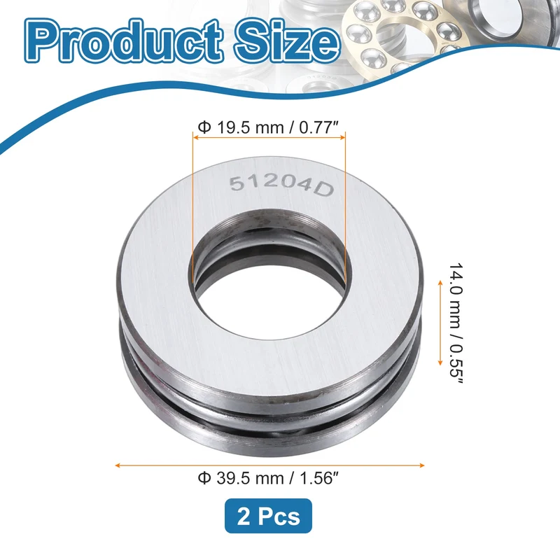 51204D Thrust Ball Bearing, Axial Ball Bearing 19.5x40x14mm 2Pcs