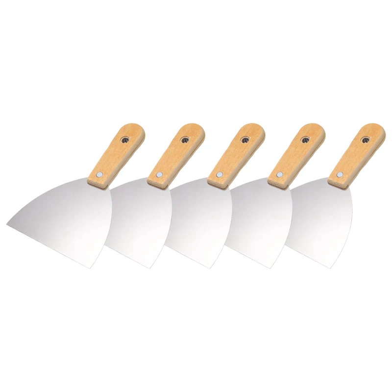 5Pcs 5" Putty Knife Wooden Handle Stainless Steel Taping Knife, Yellow(123.5mm)