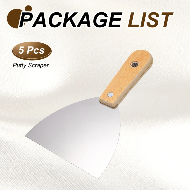 5Pcs 5" Putty Knife Wooden Handle Stainless Steel Taping Knife, Yellow(123.5mm)