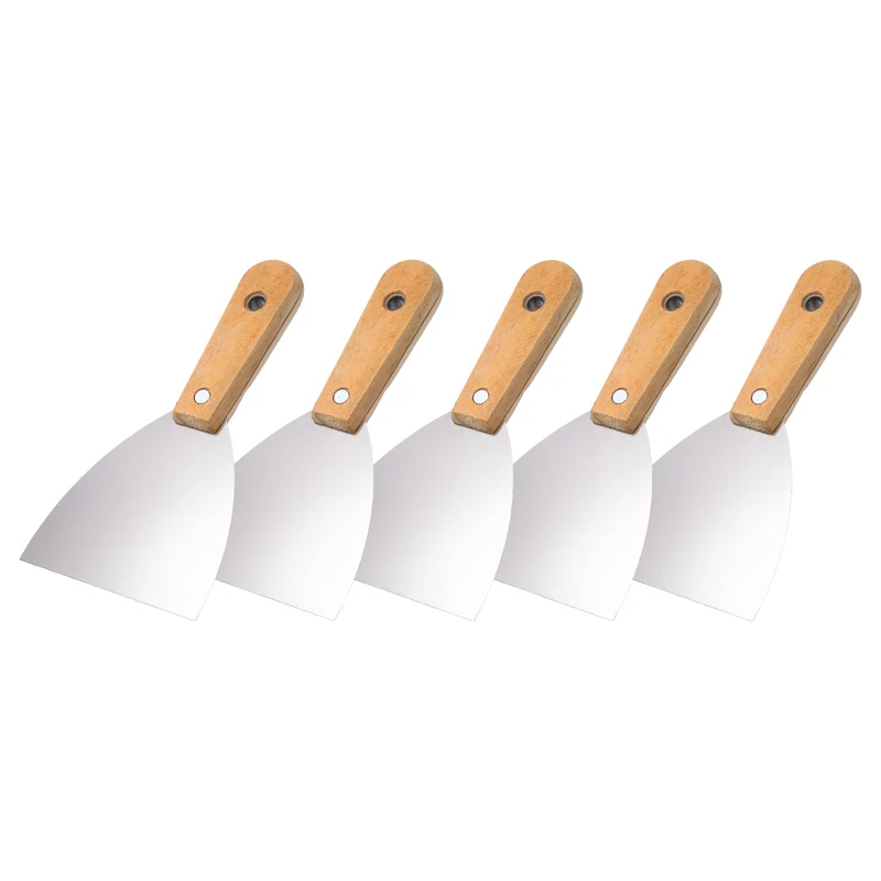 5Pcs 4" Putty Knife Wooden Handle Stainless Steel Taping Knife, Yellow(99mm)