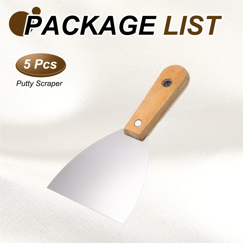 5Pcs 4" Putty Knife Wooden Handle Stainless Steel Taping Knife, Yellow(99mm)