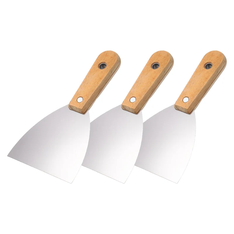3Pcs 4" Putty Knife Wooden Handle Stainless Steel Taping Knife, Yellow(99mm)