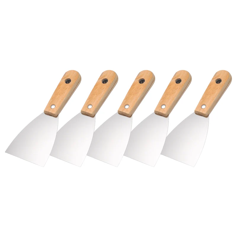 5Pcs 3" Putty Knife Wooden Handle Stainless Steel Taping Knife, Yellow(76mm)