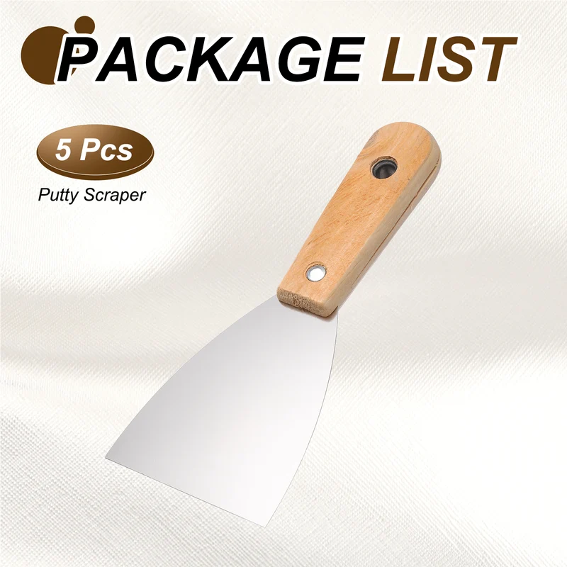 5Pcs 3" Putty Knife Wooden Handle Stainless Steel Taping Knife, Yellow(76mm)