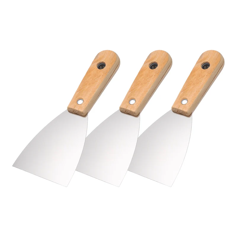 3Pcs 3" Putty Knife Wooden Handle Stainless Steel Taping Knife, Yellow(76mm)