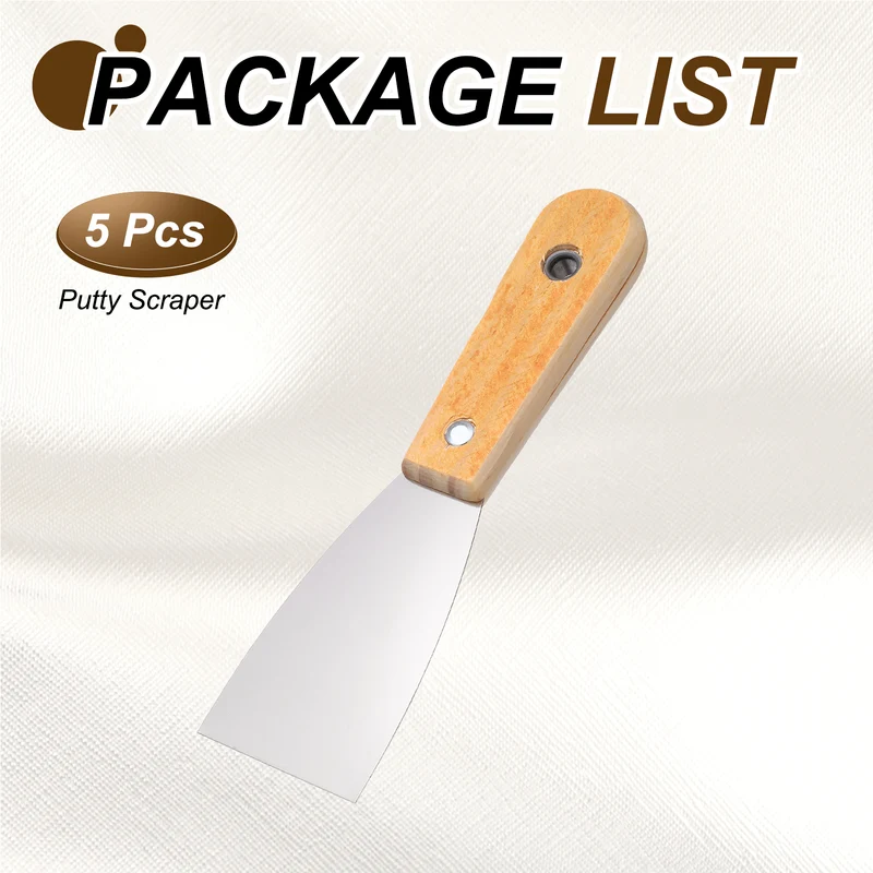 5Pcs 2" Putty Knife Wooden Handle Stainless Steel Taping Knife, Yellow(50mm)