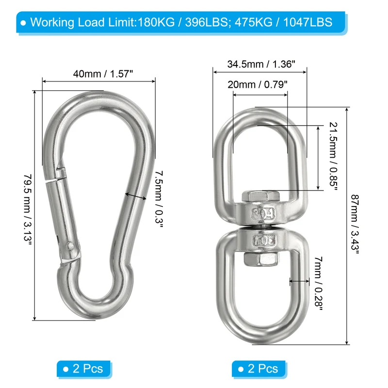 Double Ended Swivel Eye Hook M8 Working Load 180kg/396lbs with Snap Hook