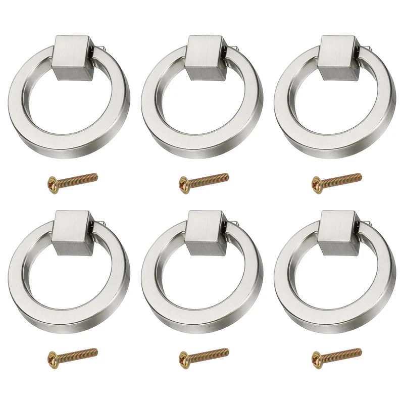 6Pack 1.57" Zinc Alloy Drawer Ring Pull Handles for Cupboard Brushed