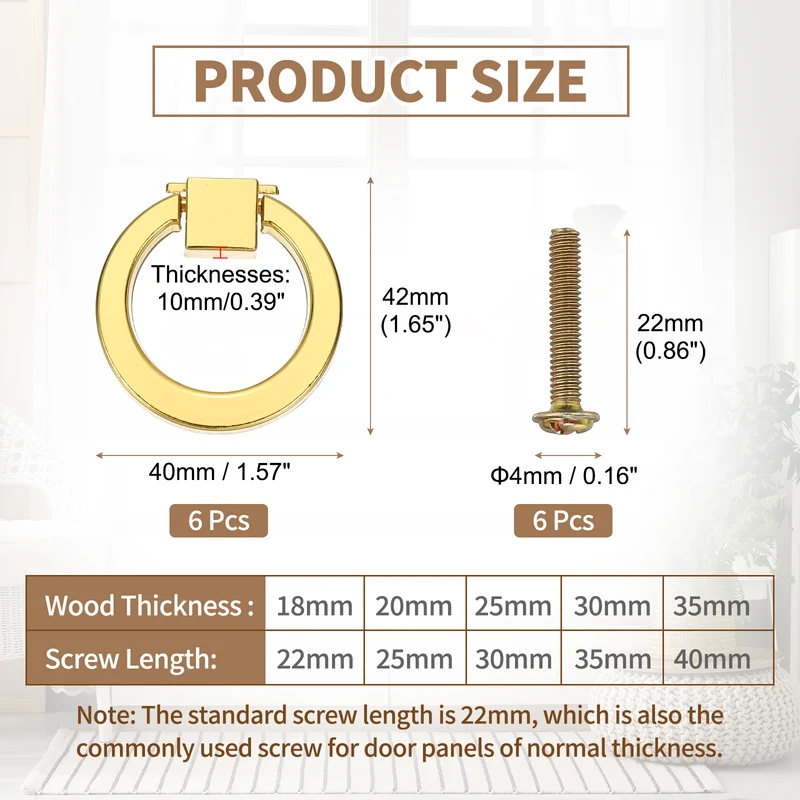 6Pack 1.57" Zinc Alloy Drawer Ring Pull Handles for Cupboard, Gold