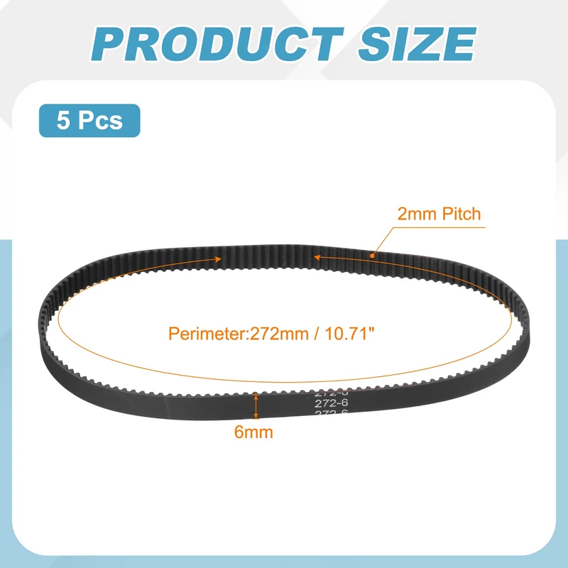 272mm GT-2 Timing Belt, 5pcs 6mm Width 2mm Pitch 3D Printing Closed Loop, Black