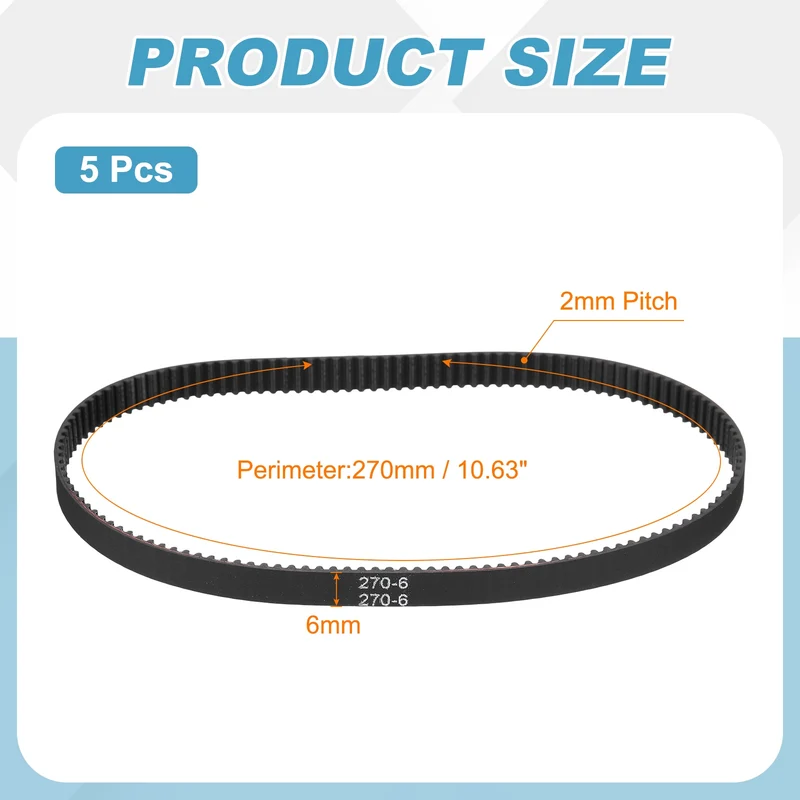 270mm GT-2 Timing Belt, 5pcs 6mm Width 2mm Pitch 3D Printing Closed Loop, Black